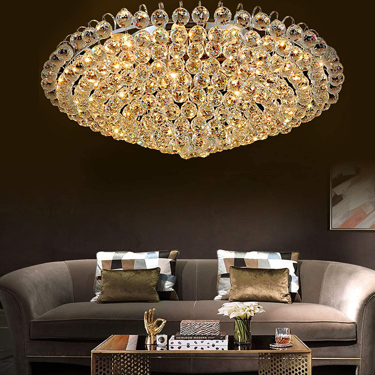 Modern K9 Translucent Crystal Chandelier Circle Ring Flush Mount Hanging Ceiling Light for Living Dining Bedroom
