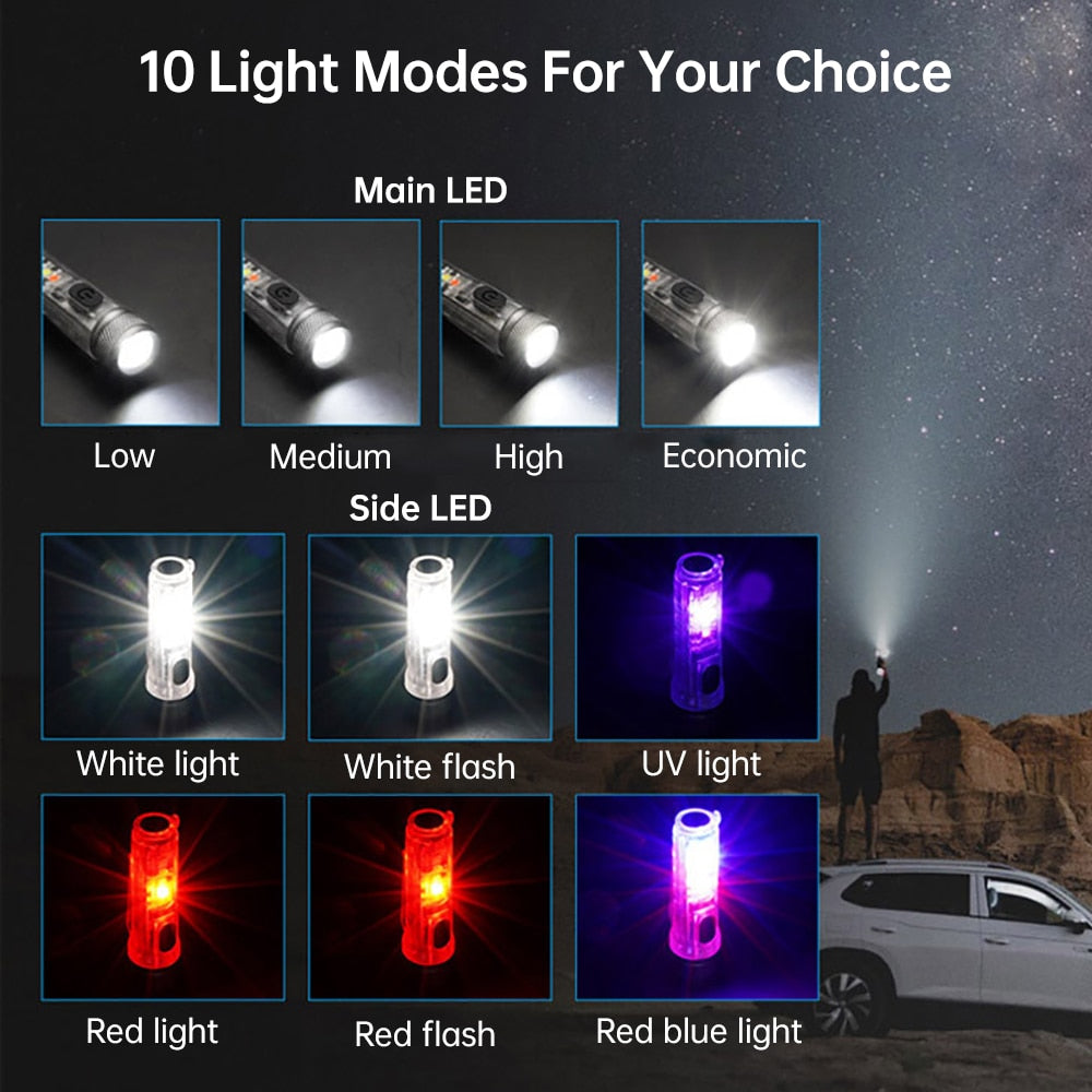 Mini Keychain LED Flashlight Portable Pocket Work Light USB Rechargeable Lamp Fluorescent Magnetic Warning Camping Flashlight