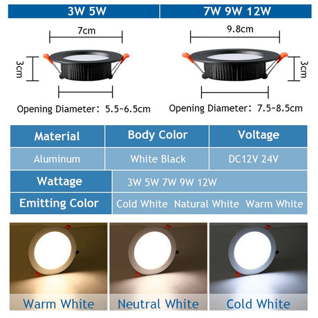 DC 12V LED Downlight Ceiling Light Spotlight 3W 5W 7W 9W 12W Recessed Grille Ultra-thin 24V Safety Voltage Round black white