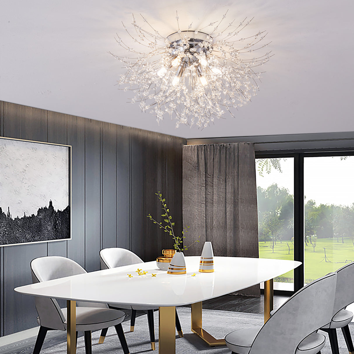 LED Crystal Firework Chandelier Modern Style Ceiling Light Fixtures 6 Light Pendant