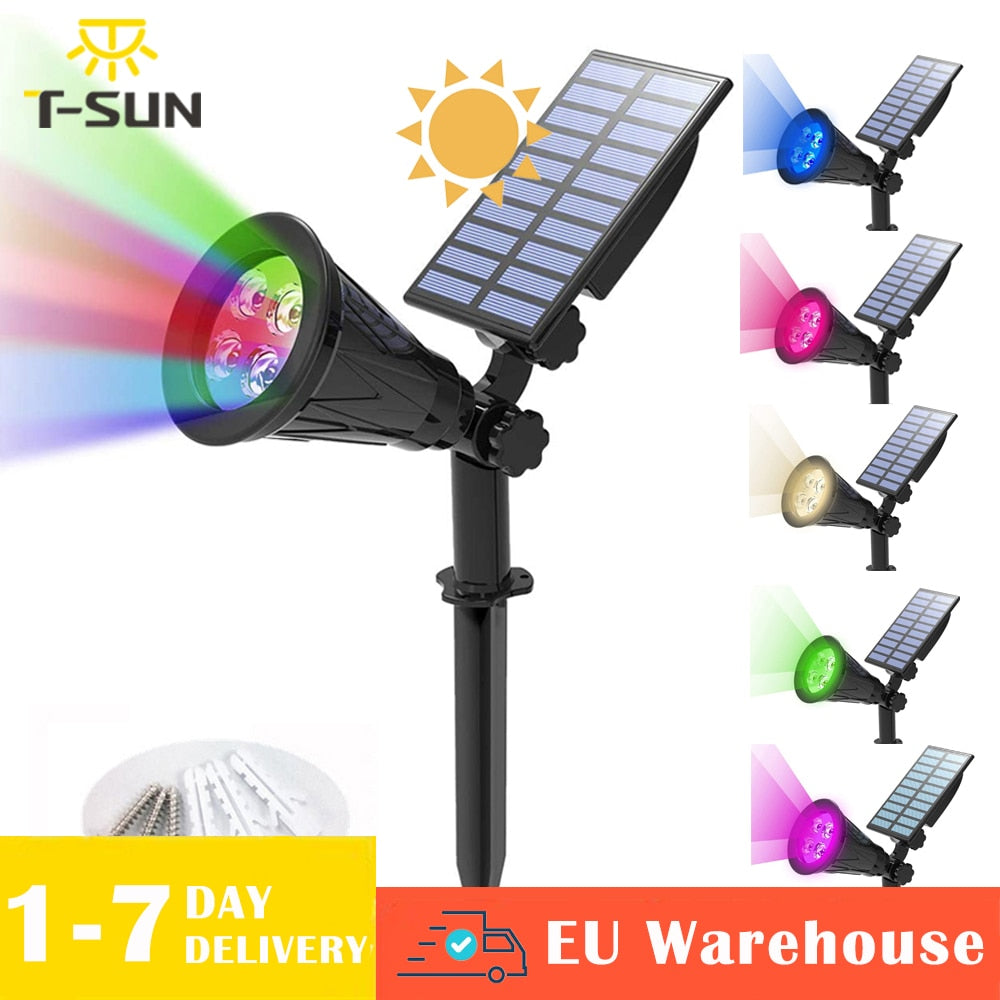 T-SUNRISE Solar Powered 4/7 LED Lamp Adjustable Solar Spotlight In-Ground IP65 Waterproof Landscape Wall Light Outdoor Lighting