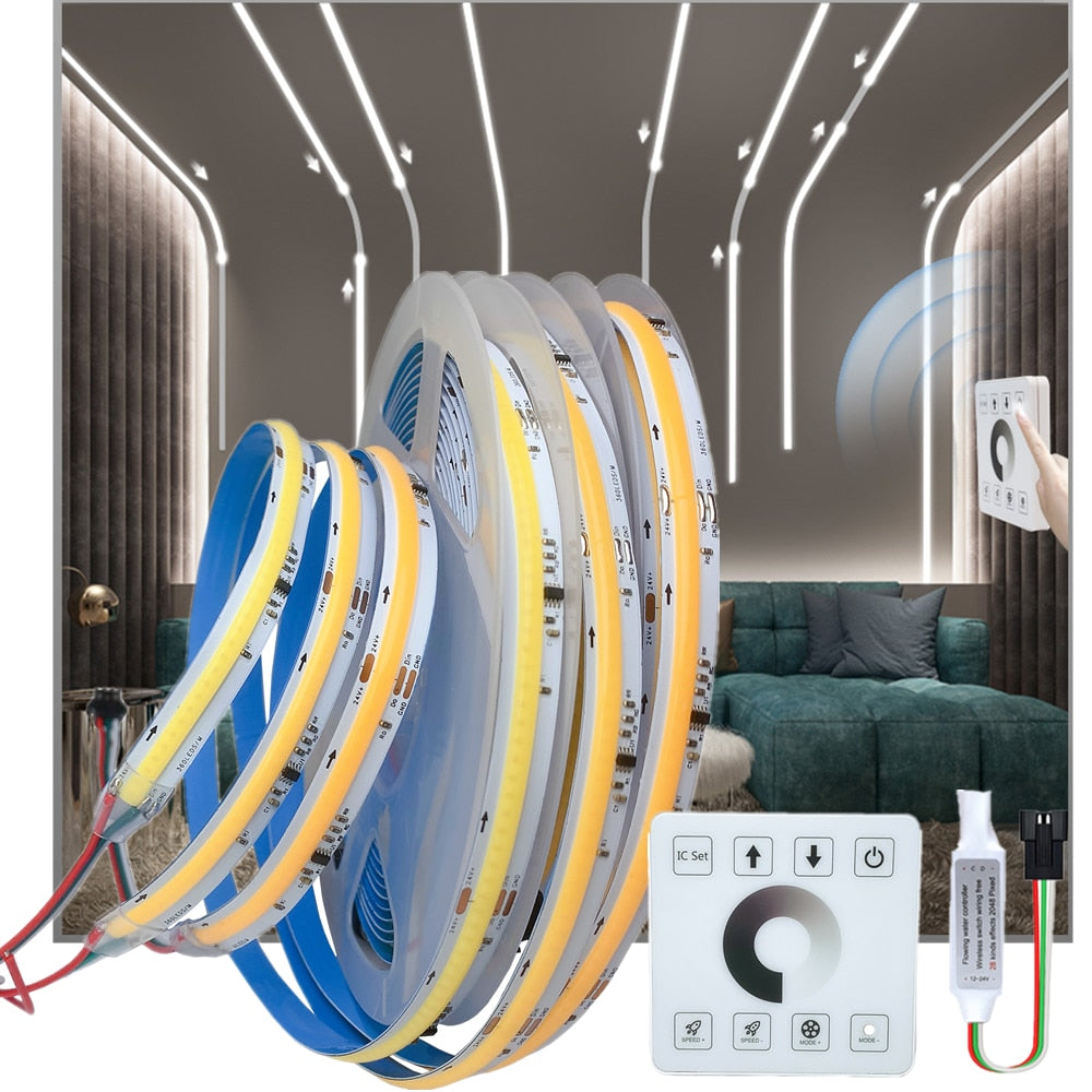COB Running Water Flowing LED Strip Light WS2811 24V Horse Race Sequential LED Ribbon With RF Touch Panel Controller 10M 20M Set