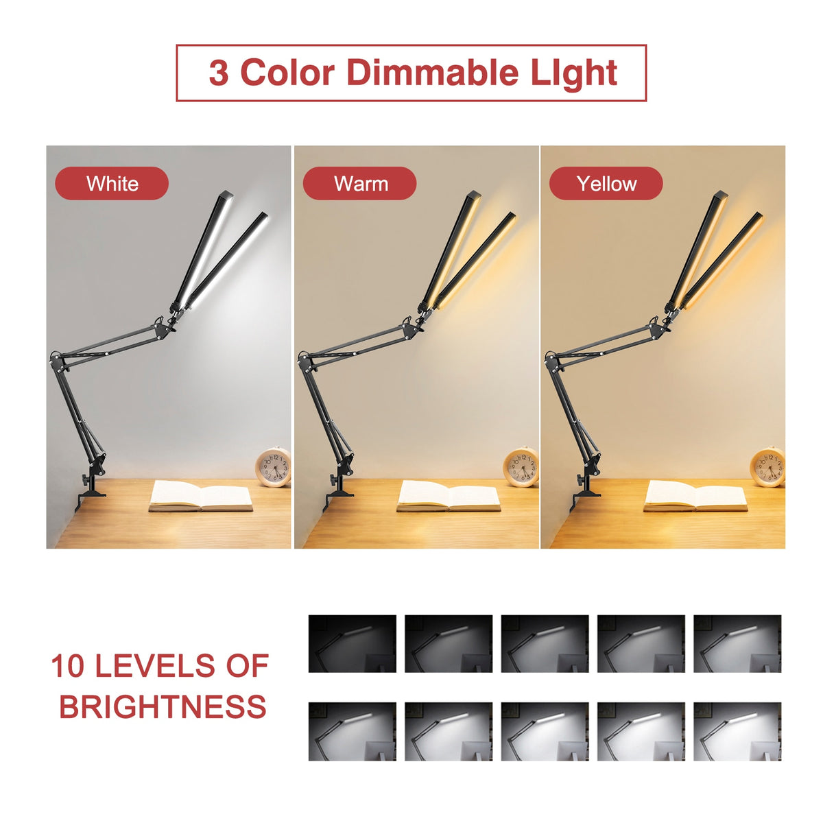 EU/US 12V Reading Desk Lamp with 160Pcs LED Lights 24W Indoor Light Table Clamp Folding Light for Office/Study/Working