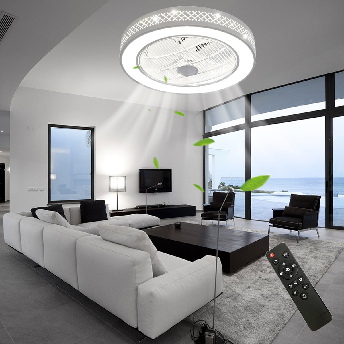 Acrylic Enclosed Round Ceiling Fan with Light and Remote Control Invisible Blades for Bedroom