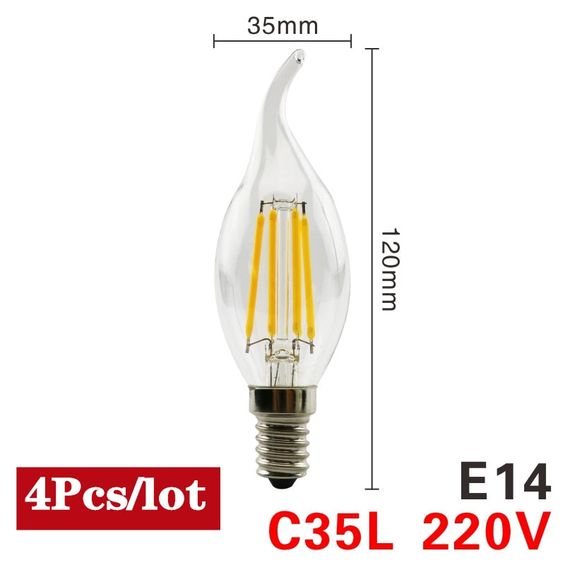4pcs/lot LED Candle Bulb C35 ST64 Vintage Lamp E14 LED E27 A60 G95 G125 AC220V LED Globe 2W 4W 6W 8W Filament Edison Light Bulbs