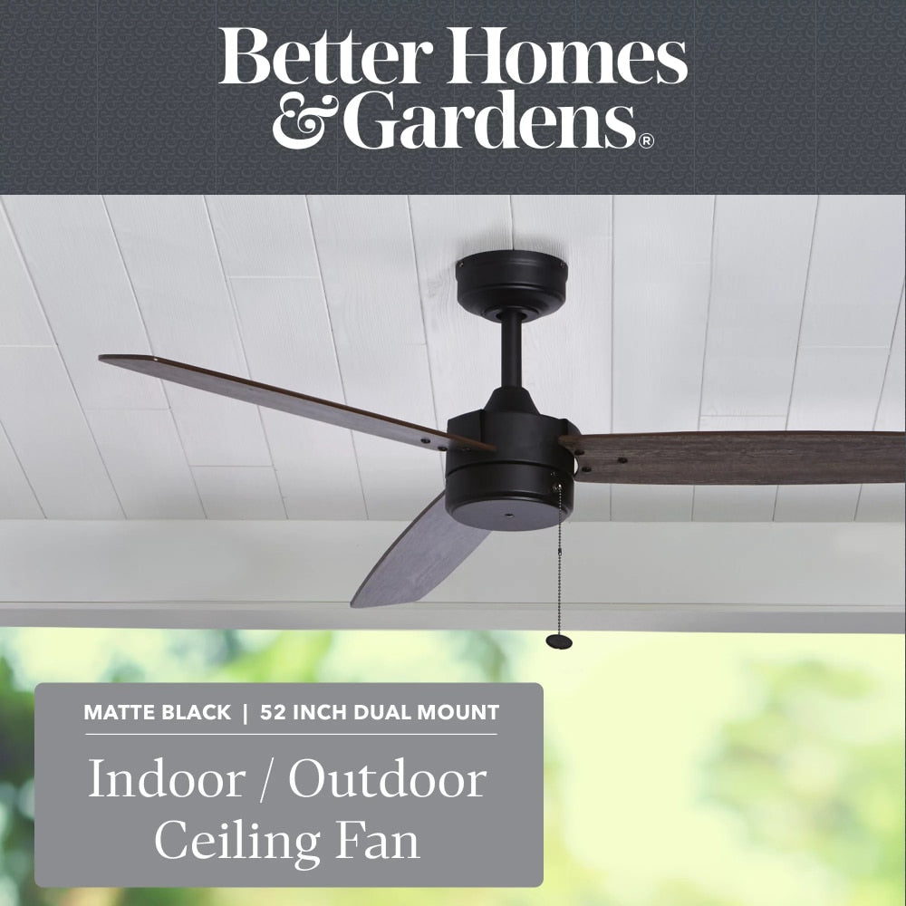 52” Matte Black Indoor/Outdoor 3 Blade Ceiling Fans Room Decor Home Fan  Ceiling Fan with Led Light