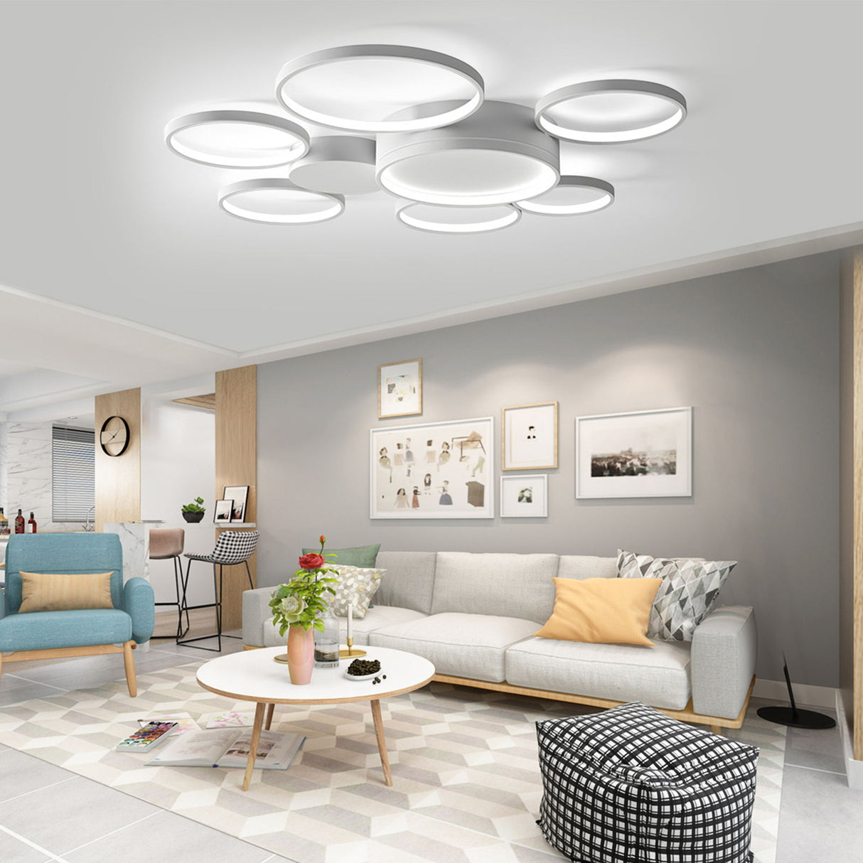 Black/White 7 Rings Flush Mount LED Ceiling Light with Remote Control for Living Room Bedroom