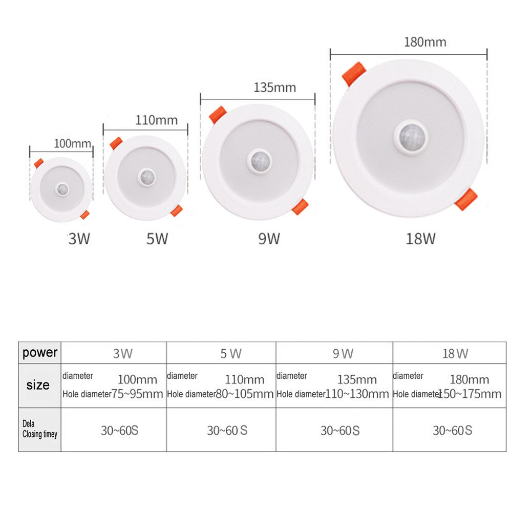 LED Recessed Downlight PIR Motion Sensor LED Ceiling Lamp Downlight Light 3W 5W 9W 18W 220V Smart Spot Led Downlight
