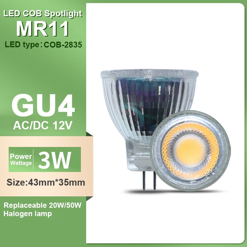 LED Mini COB Spotlight MR11 GU4 12V 3W High light warm white light suitable for kitchen den replacement 20W 50W halogen lamp