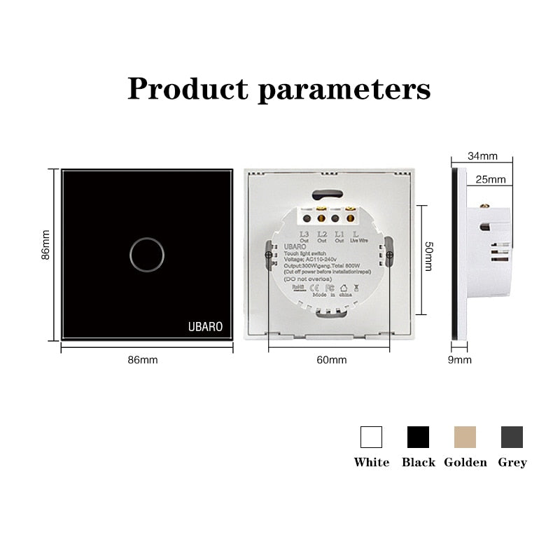 UBARO EU/UK Standard Crystal Tempered Glass Wall Panel Light Touch Switch Led Indicator Sensor Electrical Button 1/2/3Gang 220V