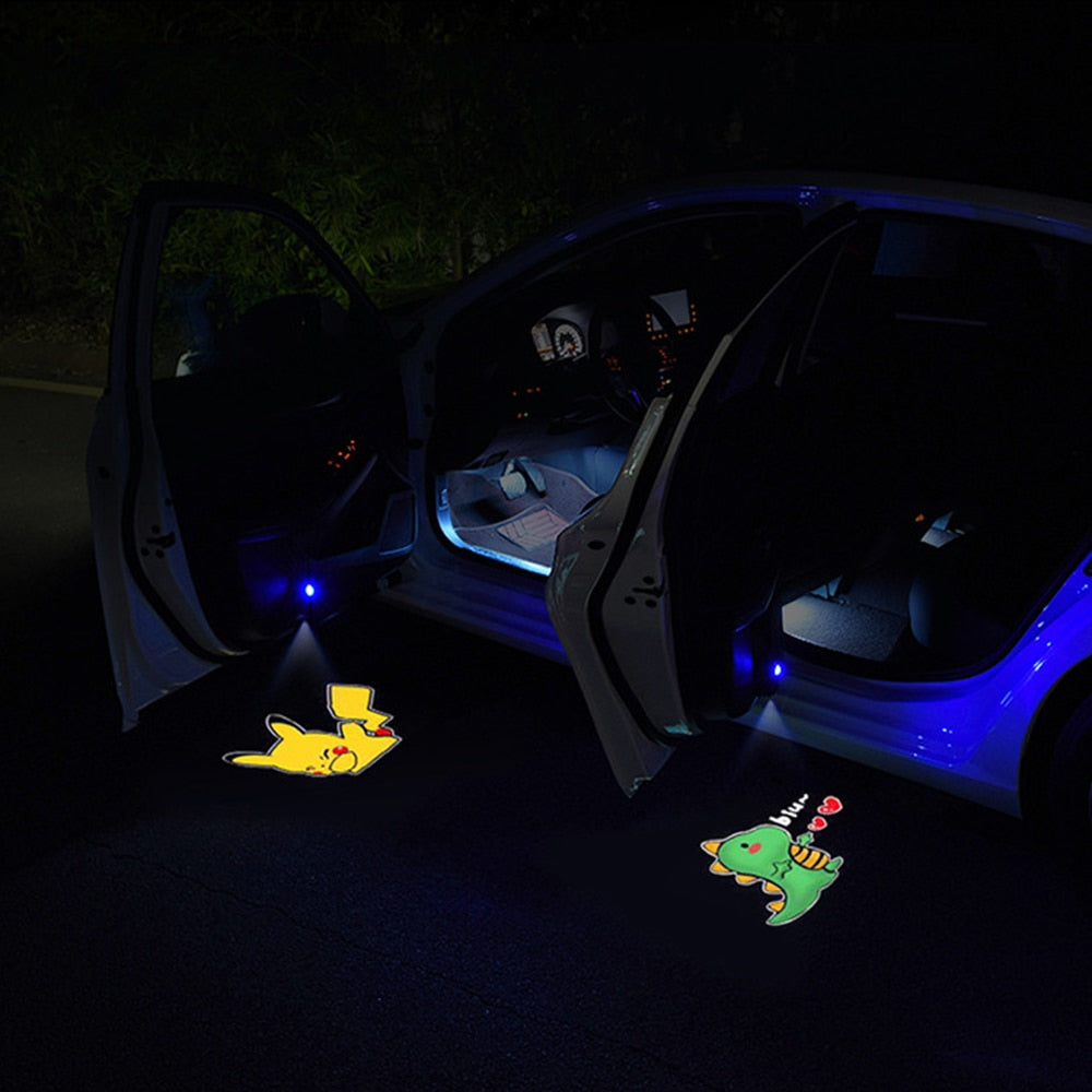 Novelty LED Car Light Dynamic Cartoon Projector Lamp Rechargeable Car Door Atmosphere Warning Light Pikachu Anime Decor Lamp