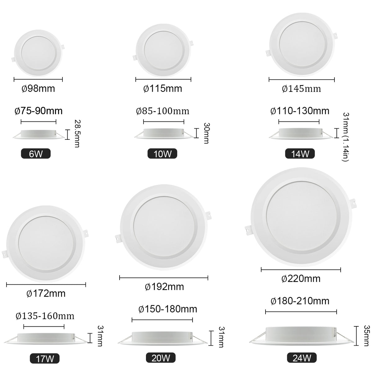 Recessed Down Led Downlight AC110V AC230V Ceiling Light High Power 24W Super bright lights  Suitable for kitchen bathroom mall