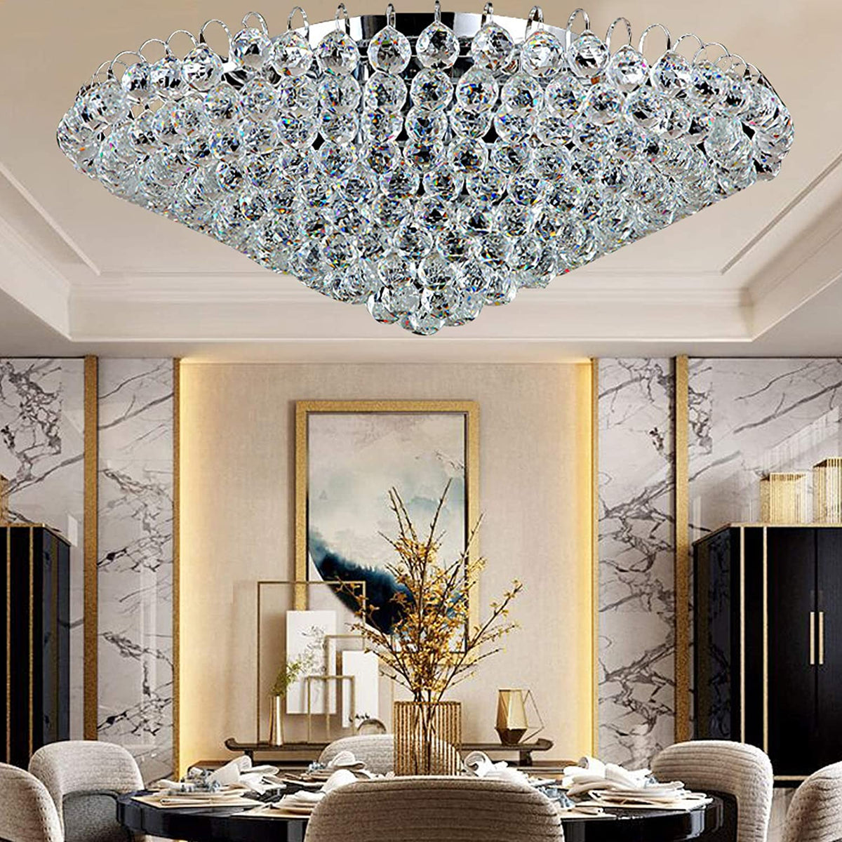 Modern K9 Translucent Crystal Chandelier Circle Ring Flush Mount Hanging Ceiling Light for Living Dining Bedroom