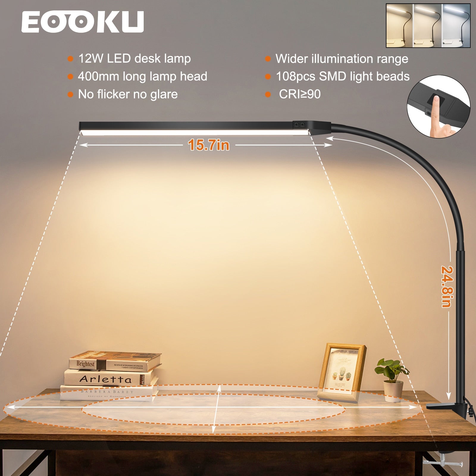 EOOKU 12W Clip on Light 108 LED Reading Light for Bed Touch Button 360° Flexible Gooseneck Desk Lamp Eye Protection Light