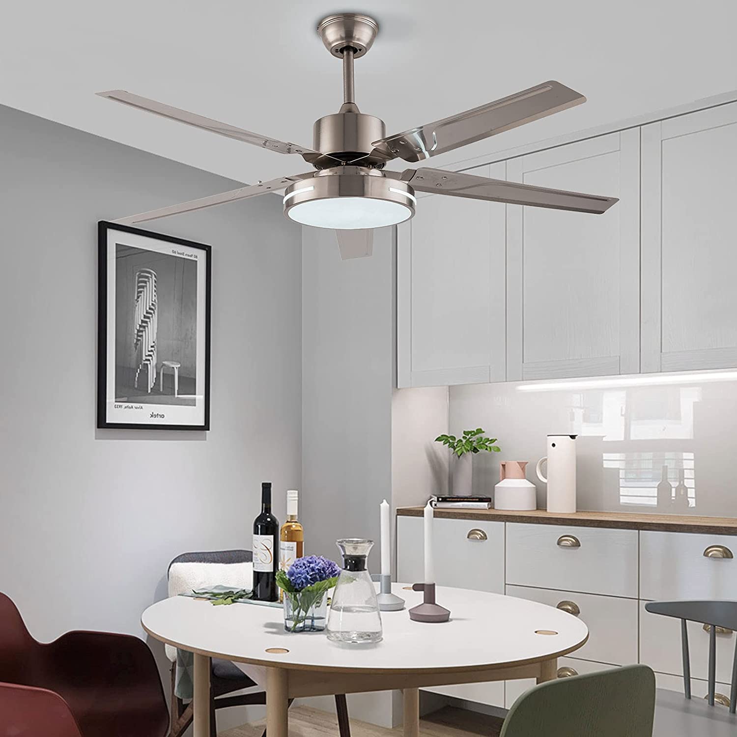 Black/Silver 48 Inch Modern LED Ceiling Fan Silent Motor with Remote Control