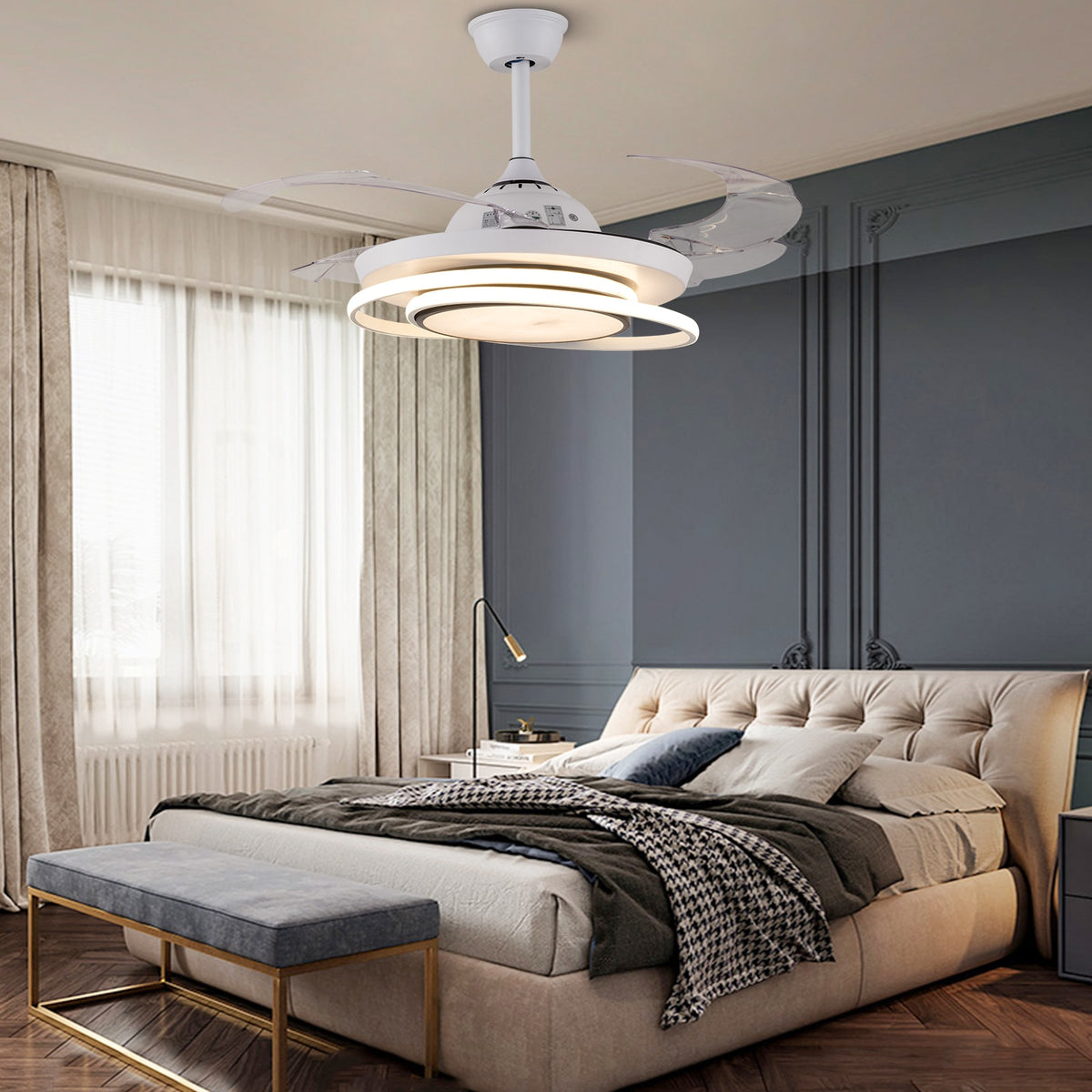 42 Inch Ceiling Fans Light 4 Retractable Blades LED Ceiling Fan Three Color Change Chandelier with Remote Control for Room