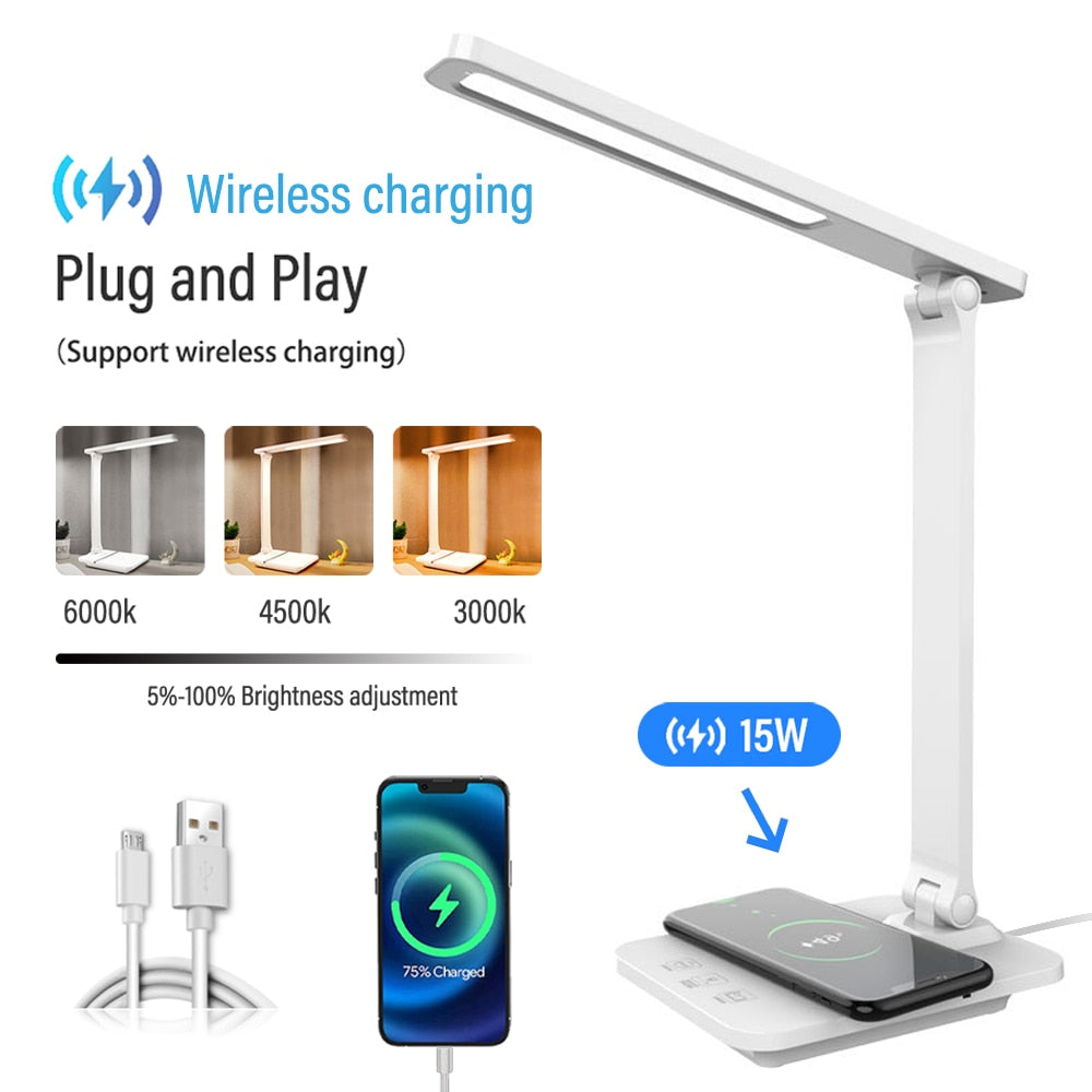 LED Folding Reading Table Lamp 15W QI Wireless Charging Touch Dimmable Color Grading To Protect Eyes for Bedroom Bedside Office