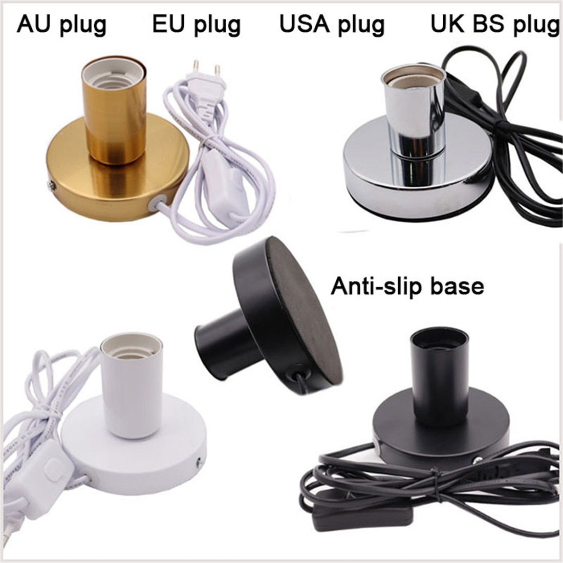 Anti-Slip Metal Desktop Lamp Base 180cm Cord E27 E26 Base Holder with on/off Switch, EU AU BS US Plug Screw Base for Table Lamp
