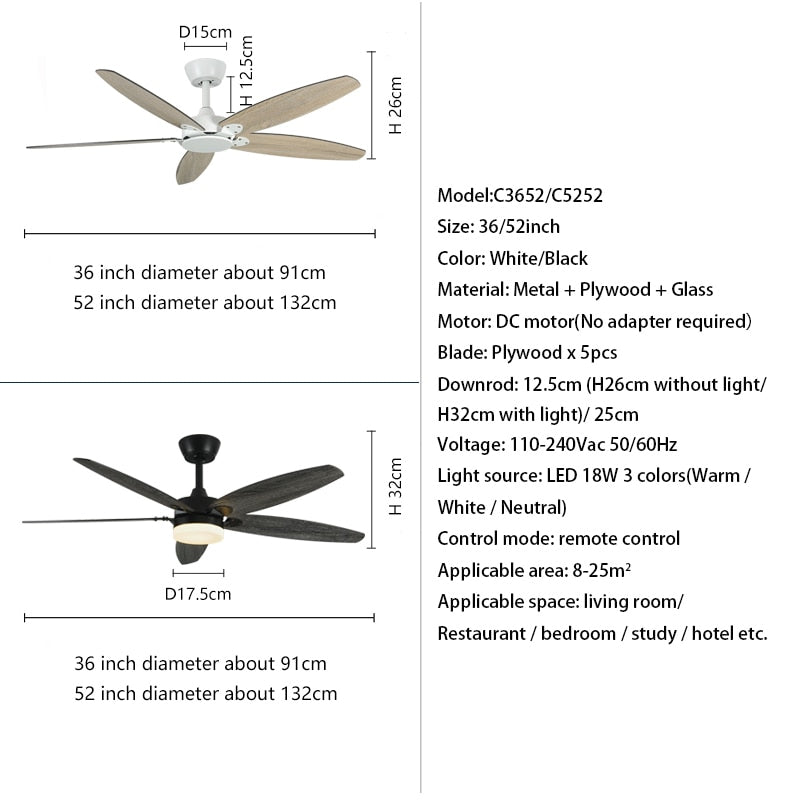 52 Inch Led Ceiling Fan Lamp Roof Home Fans Modern Indoor Decorate Plywood Blade Dc Ceiling Fan With Remote Control Ventilador