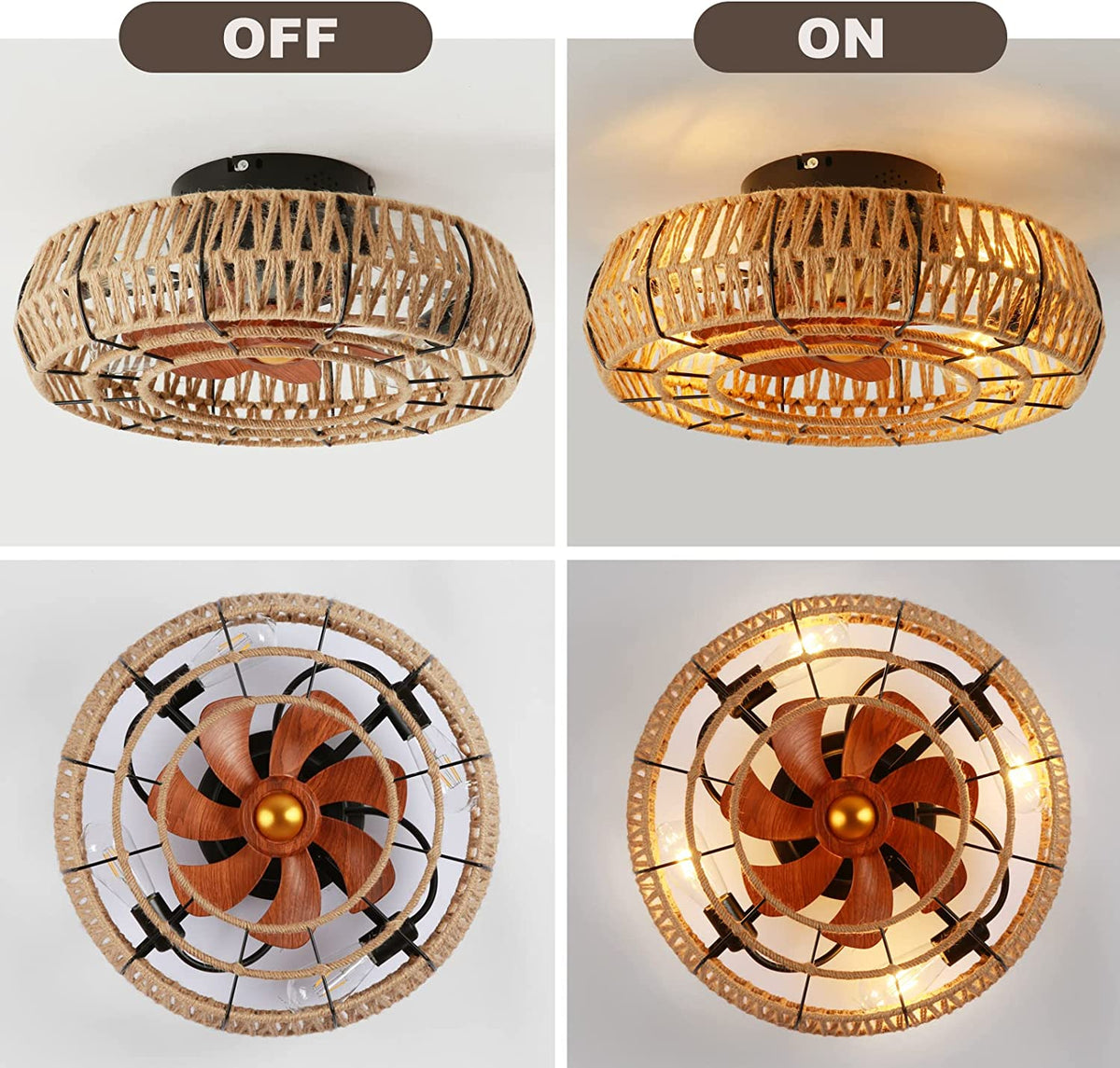 American retro cage ceiling fan lamp dining room bedroom ceiling lamp hemp rope industrial wind ceiling fan with light remote