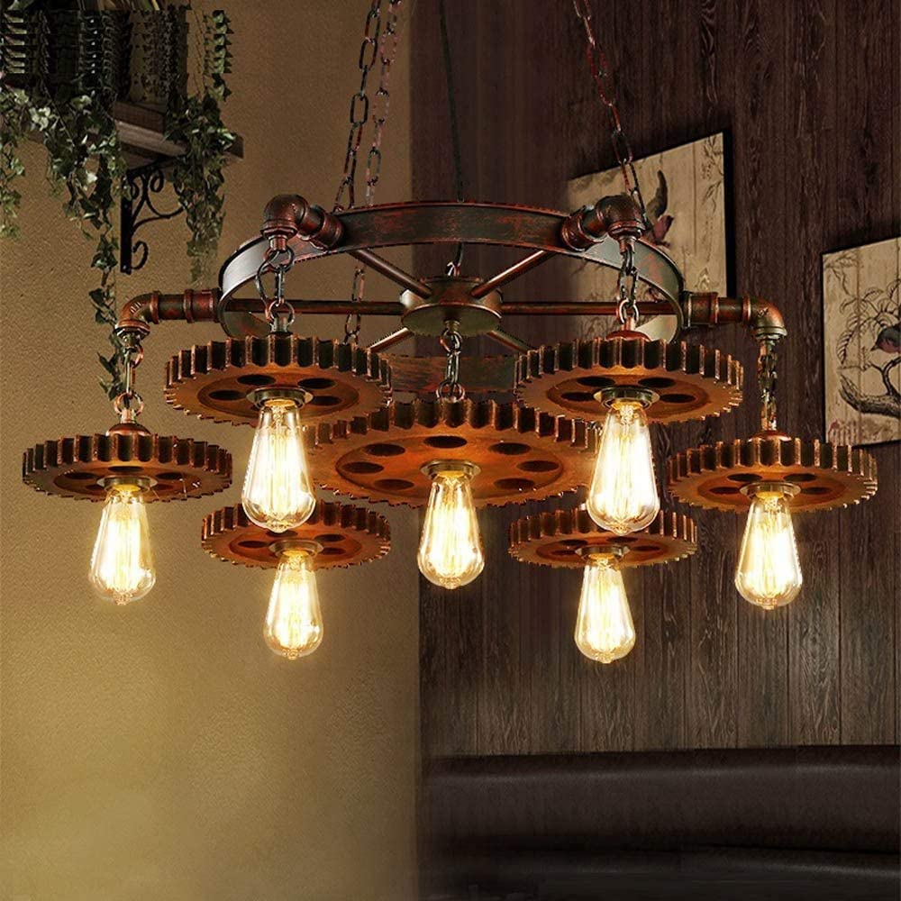 Industrial Chandelier Metal Bronze 7 Gear Steampunk Pendant Light