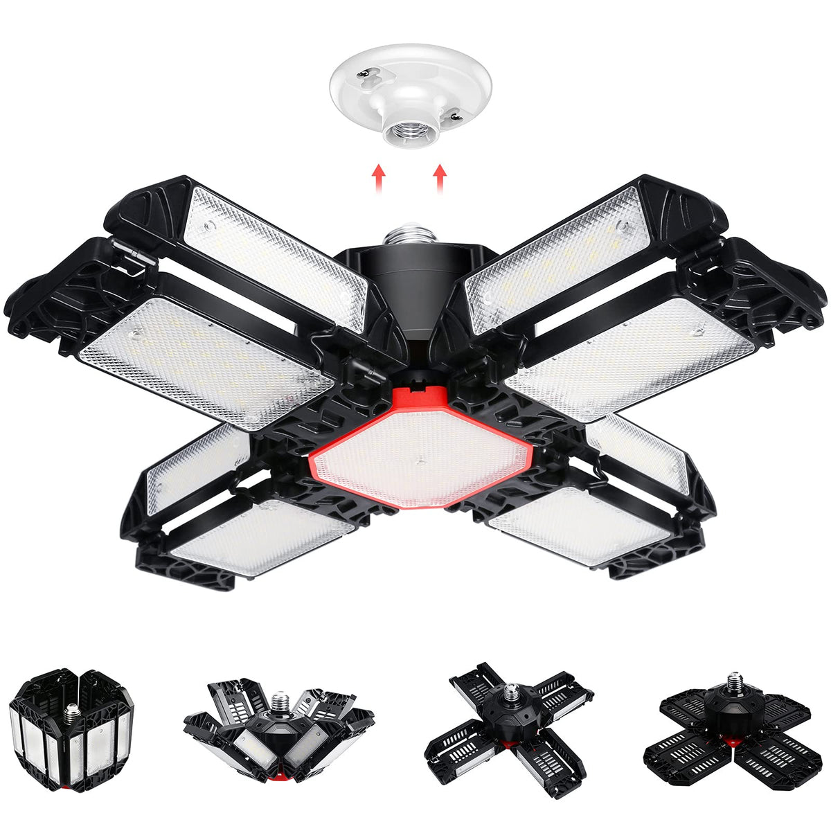 200W LED Garage Lights 3-12 Leafs Garage Ceiling Light Fixtures with Adjustable Multi-position Panel Lamp for Workshop Warehouse