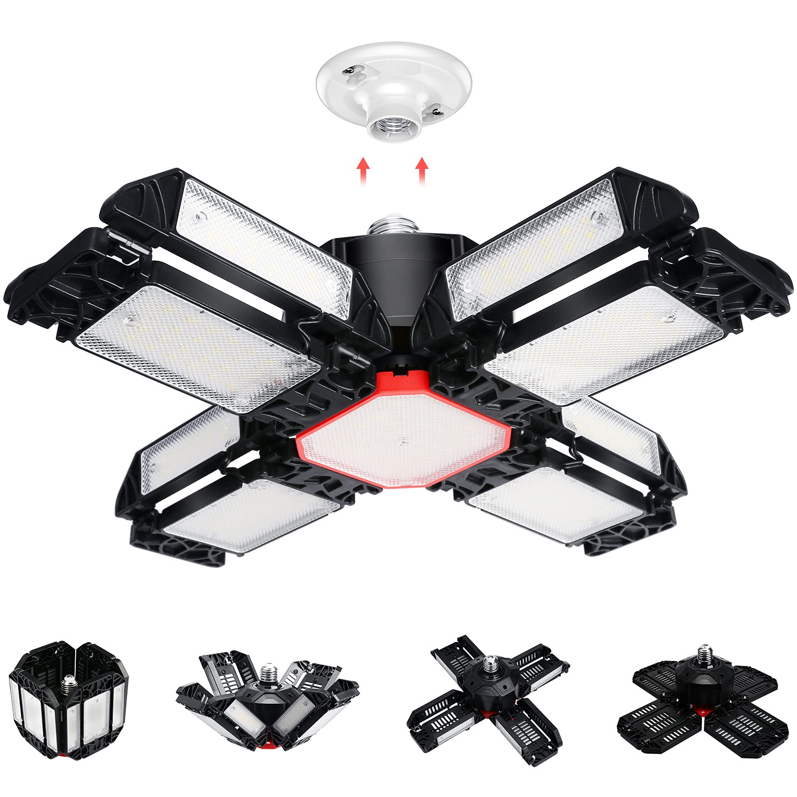 200W LED Garage Lights 3-12 Leafs Garage Ceiling Light Fixtures with Adjustable Multi-position Panel Lamp for Workshop Warehouse