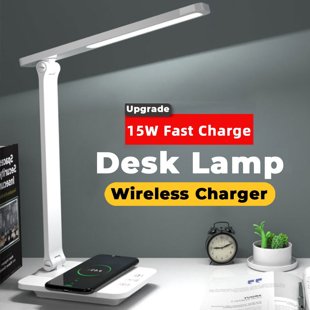 Led Desk Lamp 15W Qi Wireless Charging Table Lamp USB 3 Color Stepless Dimmable Reading Eye Protect Study Bedroom Night Light