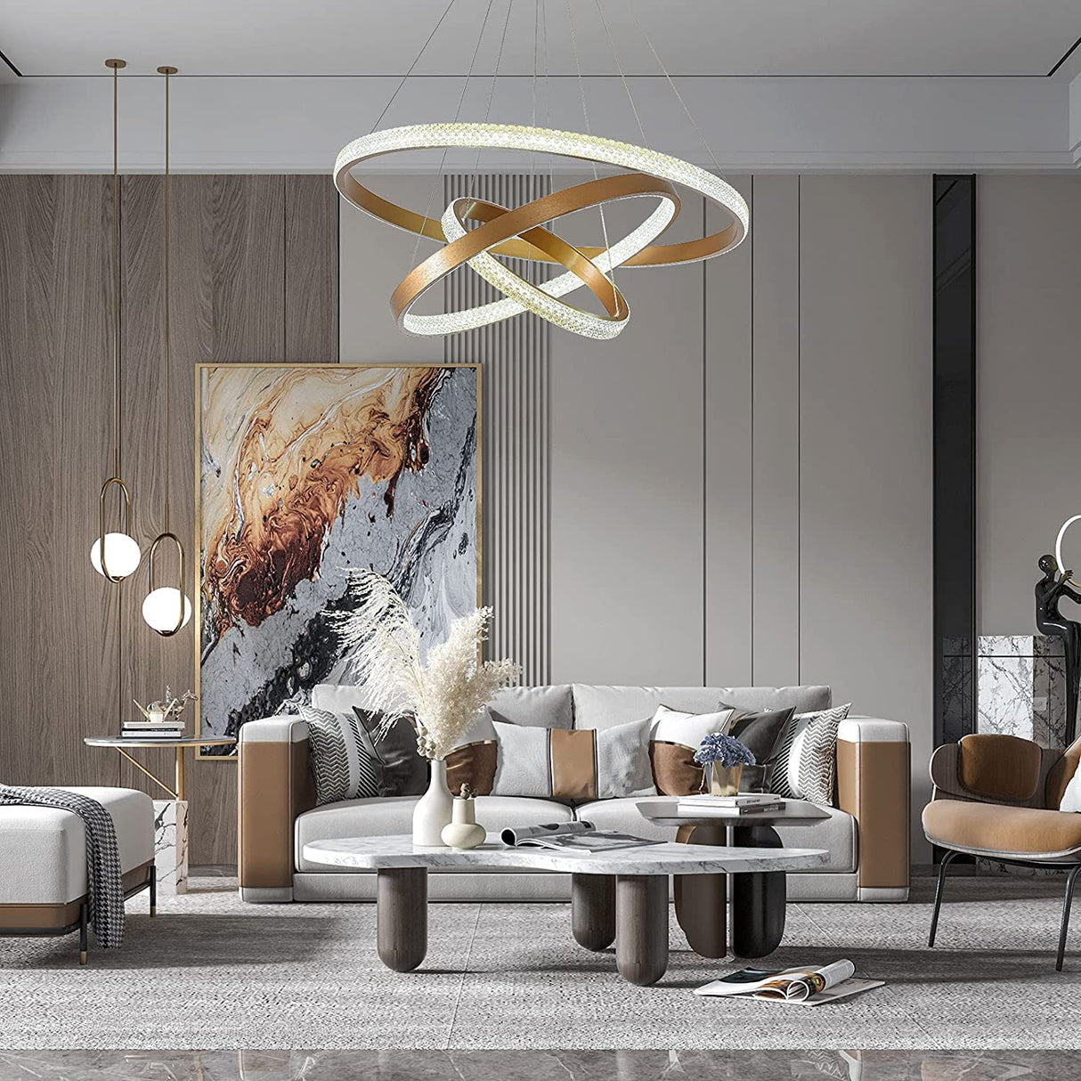 Modern 3 LED Circular Rings Pendent Light with Remote Control for Living Room