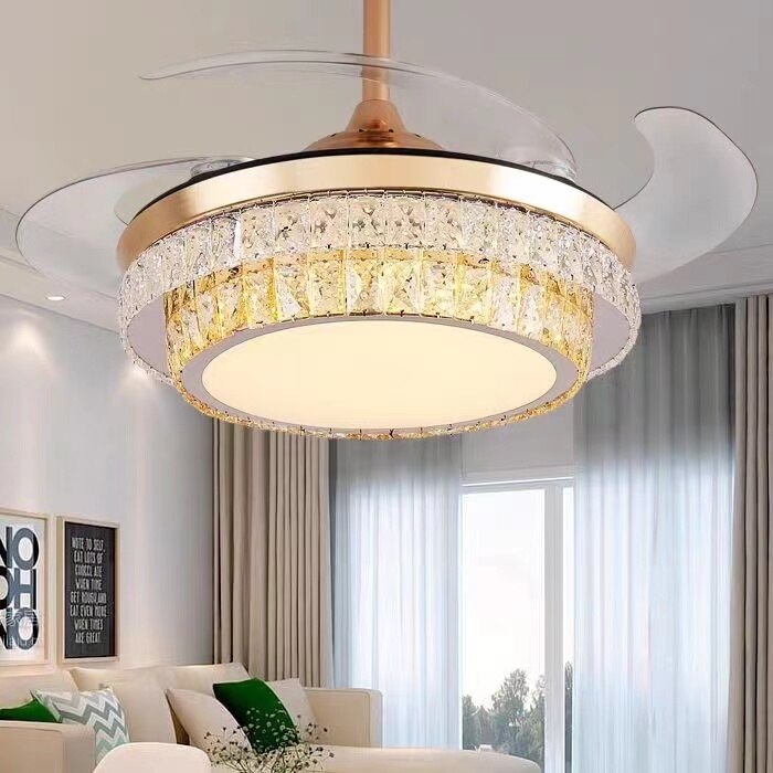 42&quot; Gold Luxury Crystal Ceiling Fans With Light Decorative DC 110V 220V Fan Lamp Remote Control Hanging Crystal Lighting