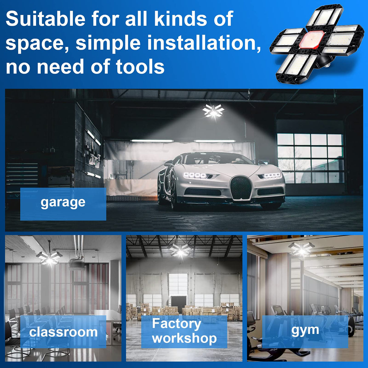200W LED Garage Lights 3-12 Leafs Garage Ceiling Light Fixtures with Adjustable Multi-position Panel Lamp for Workshop Warehouse