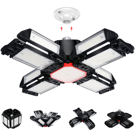 200W LED Garage Lights 3-12 Leafs Garage Ceiling Light Fixtures with Adjustable Multi-position Panel Lamp for Workshop Warehouse