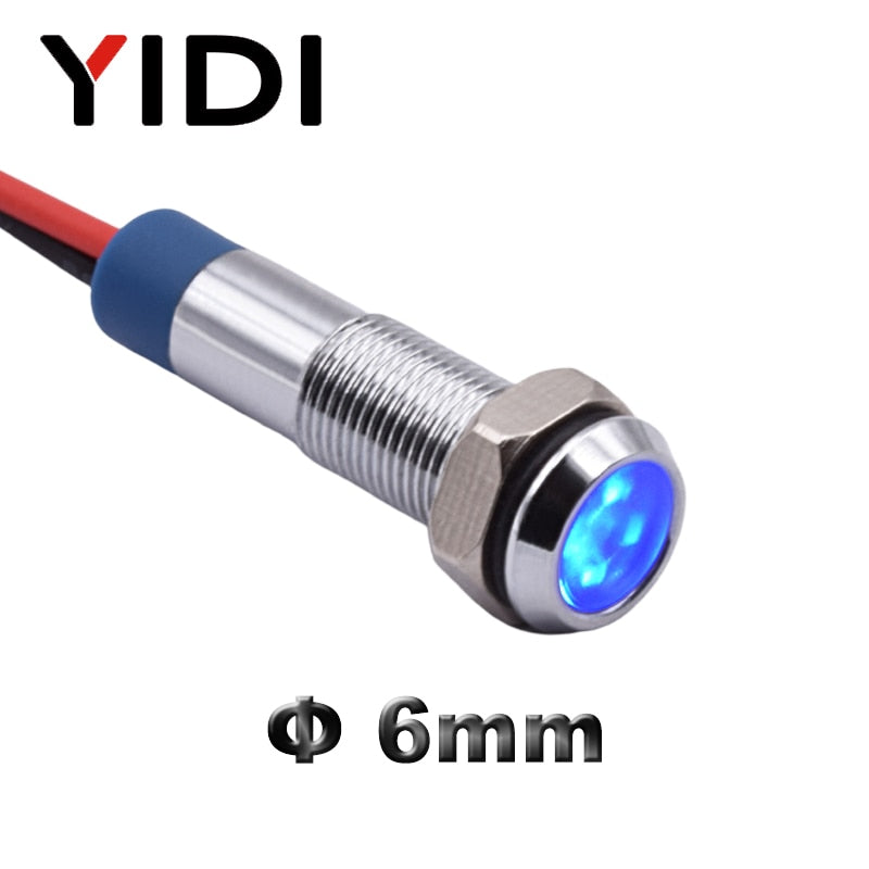 5/10pcs 6mm LED Metal Indicator Signal Lamp 6V 12V 24V 220V DC AC Flat Head Wire Leading Pilot Light Red Green Blue Amber White