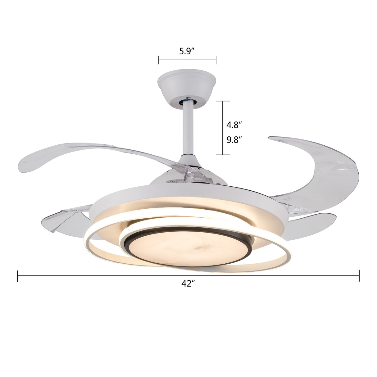 42 Inch Ceiling Fans Light 4 Retractable Blades LED Ceiling Fan Three Color Change Chandelier with Remote Control for Room