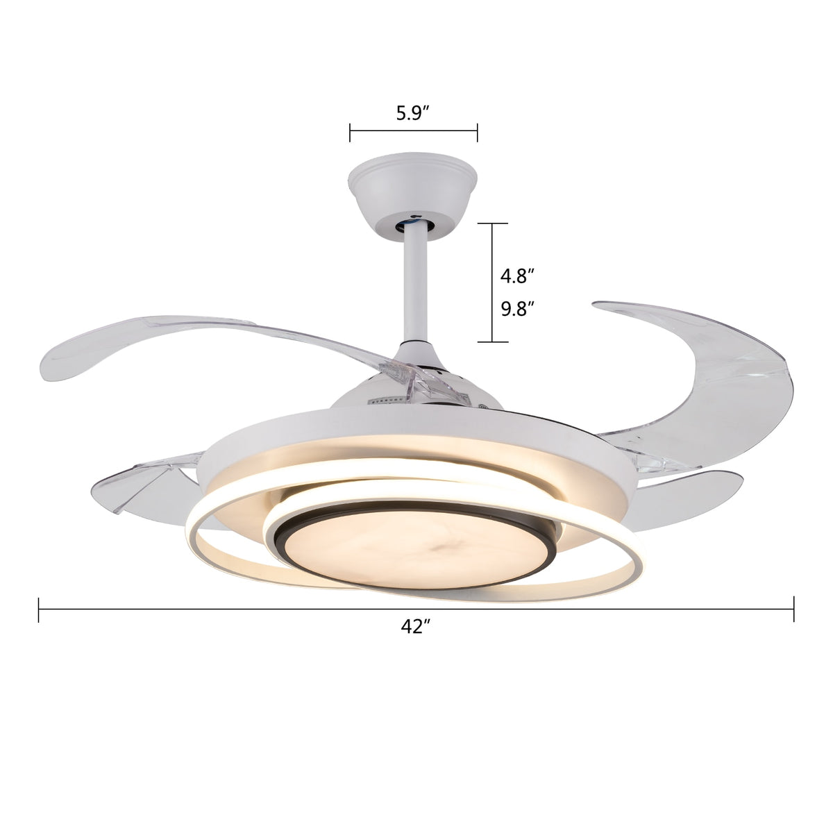 42 Inch Ceiling Fans Light 4 Retractable Blades LED Ceiling Fan Three Color Change Chandelier with Remote Control for Room