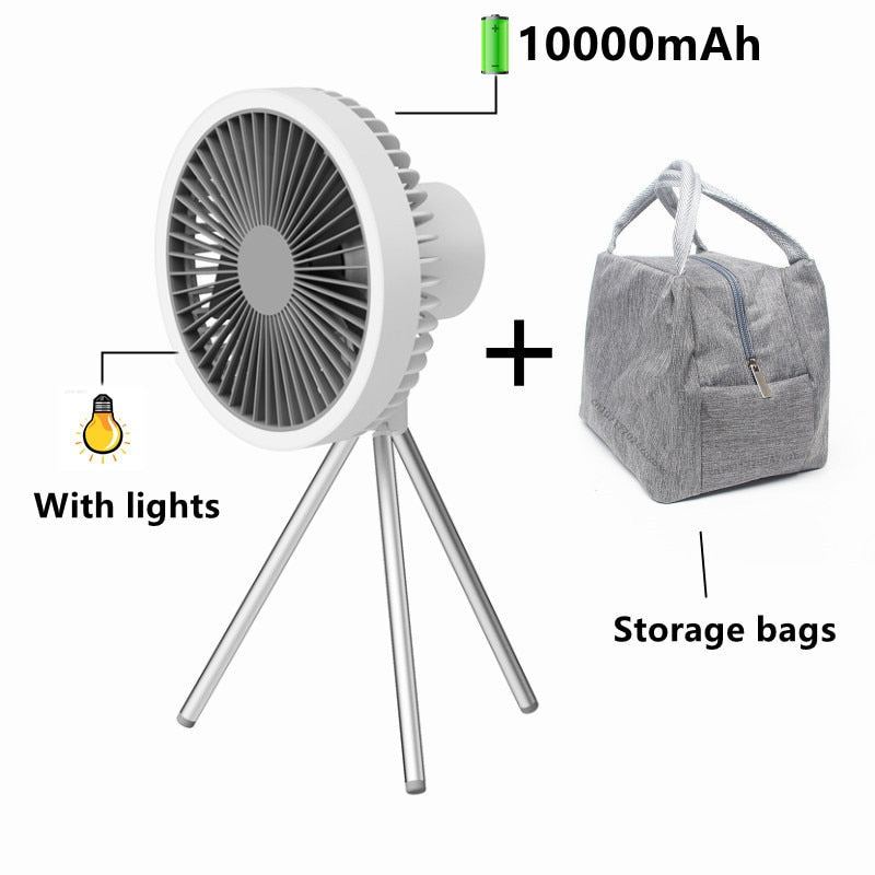 10000mAh USB Tripod Camping Fan With Power Bank Light Rechargeable Desktop Portable Circulator Wireless Ceiling Electric Fan