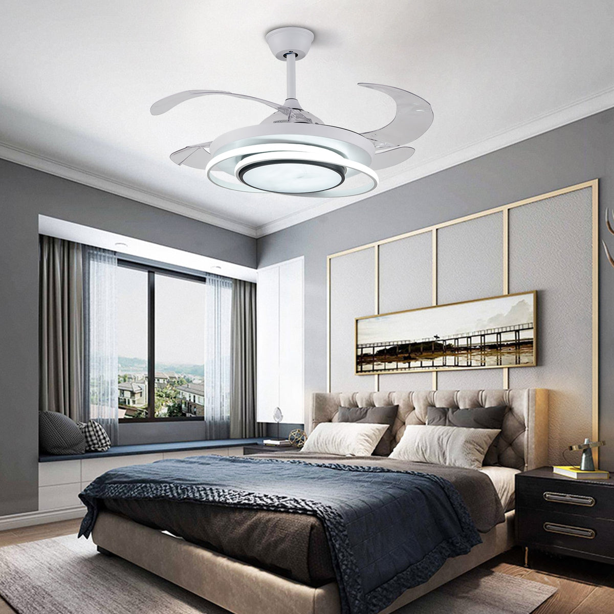 42 Inch Ceiling Fans Light 4 Retractable Blades LED Ceiling Fan Three Color Change Chandelier with Remote Control for Room