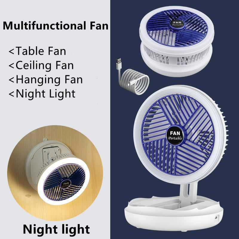 USB Charging Foldable Table Fan Wall Mounted Hanging Ceiling Fan with LED Light 4 Speed Adjustable For Home Room Air Cooler Fan