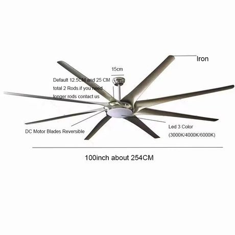 100 Inch Large Ceiling Fans With Light DC Motor Reverse Blades 110V 220V Stainless Ceiling Fans Ventilator De Techno Silver Fan