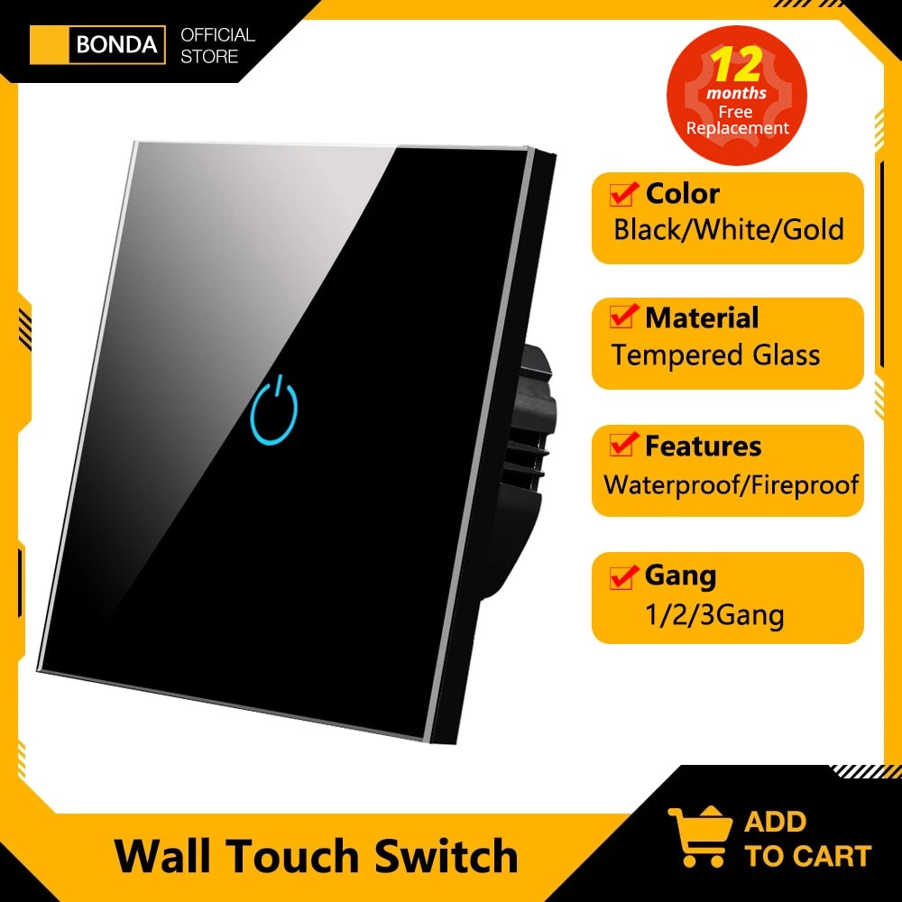 BONDA Wall Touch Switch 220V EU Standard Tempered Crystal Glass Panel ...