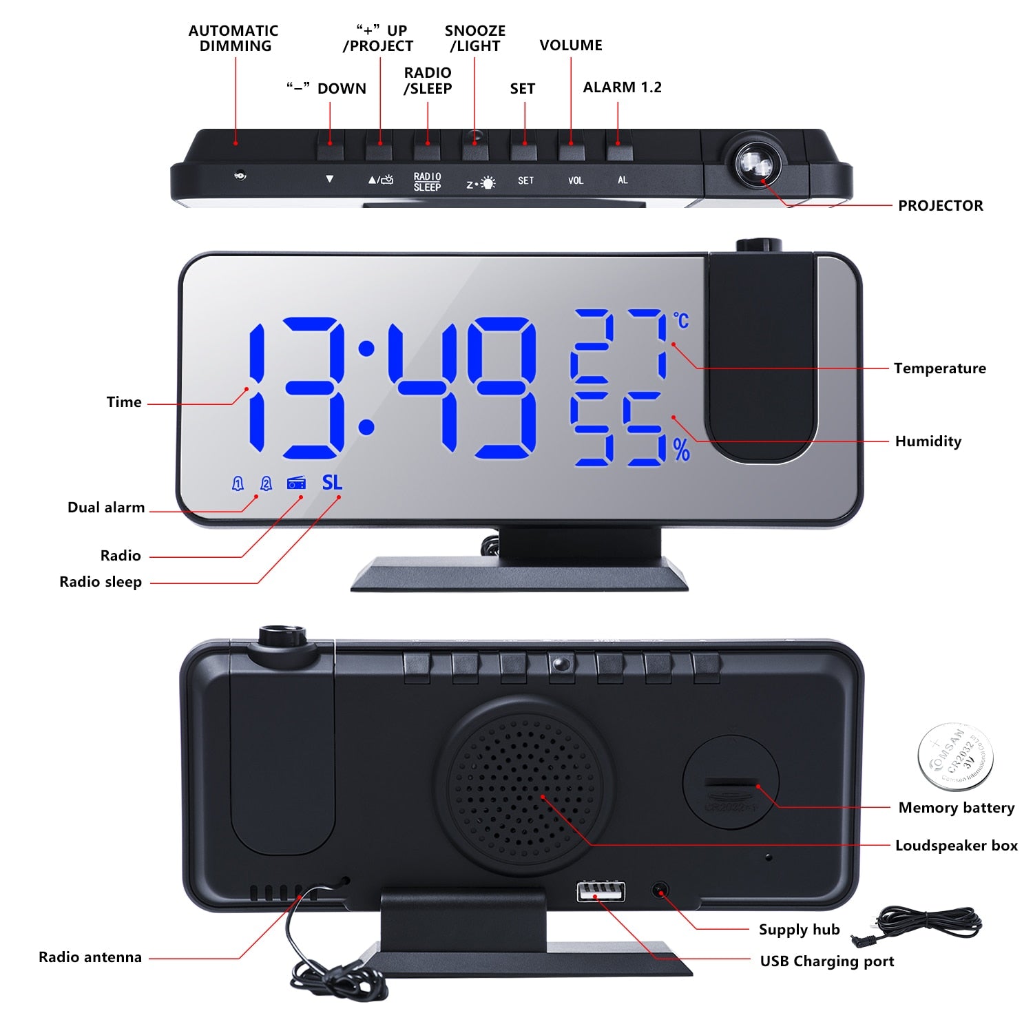 FM Radio LED Digital Smart Alarm Clock Watch Table Electronic Desktop Clocks USB Wake Up Clock with 180° Time Projection Snooze