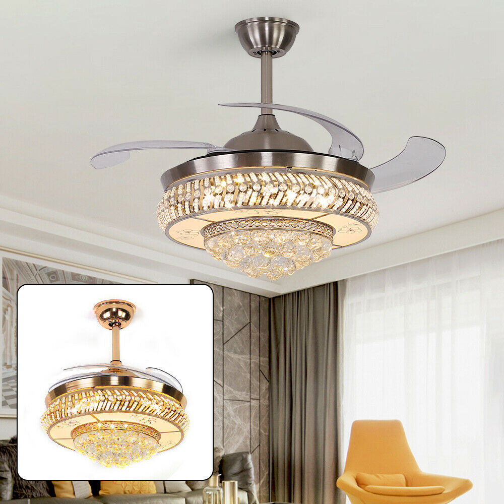 Modern Crystal Invisible Ceiling Fan Light with Remote Control Chandelier for Living Room Application