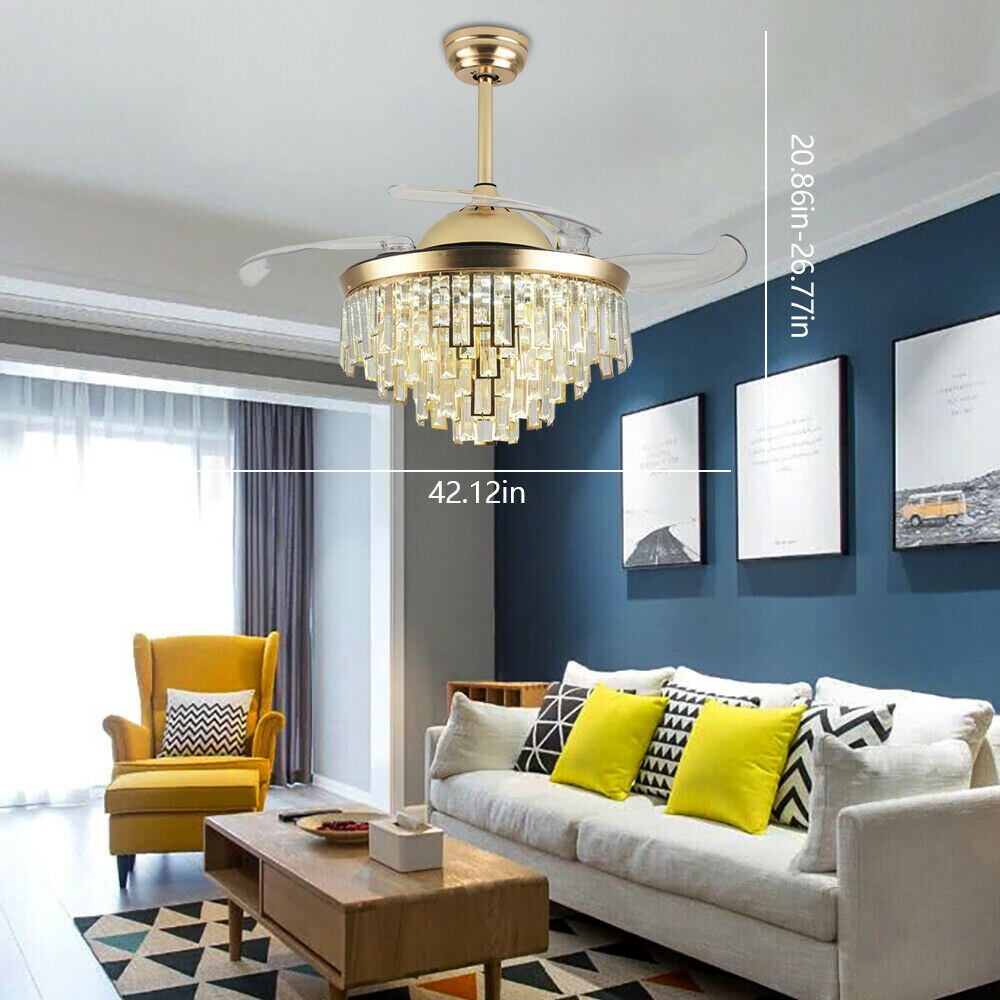 OUKANING 42'' Modern Crystal Dimmable LED Ceiling Light Chandelier Lamp With Fan + Remote for Home Application