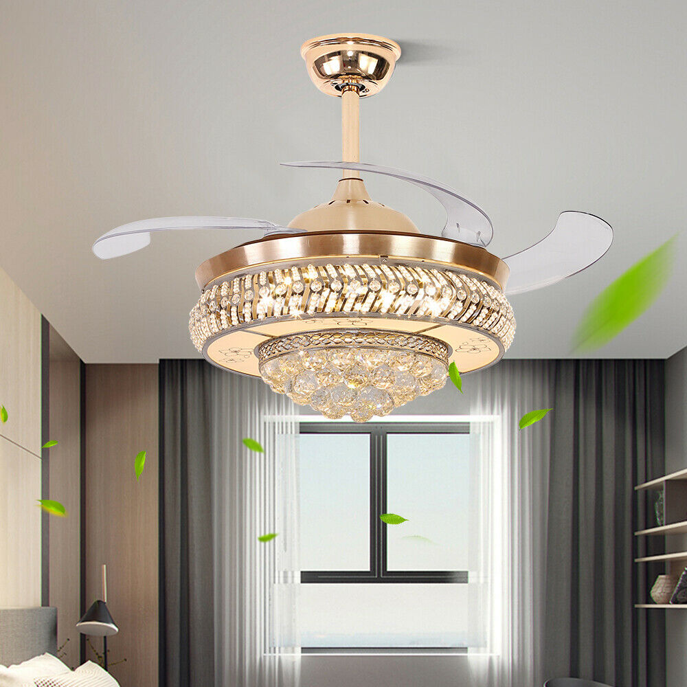 Modern Crystal Invisible Ceiling Fan Light with Remote Control Chandelier for Living Room Application