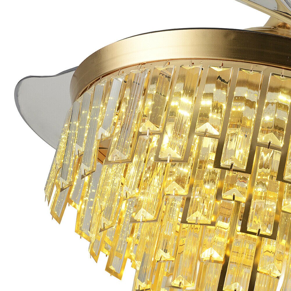 OUKANING 42'' Modern Crystal Dimmable LED Ceiling Light Chandelier Lamp With Fan + Remote for Home Application