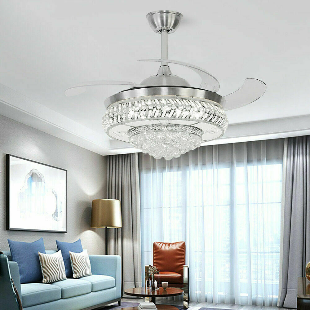 Modern Crystal Invisible Ceiling Fan Light with Remote Control Chandelier for Living Room Application