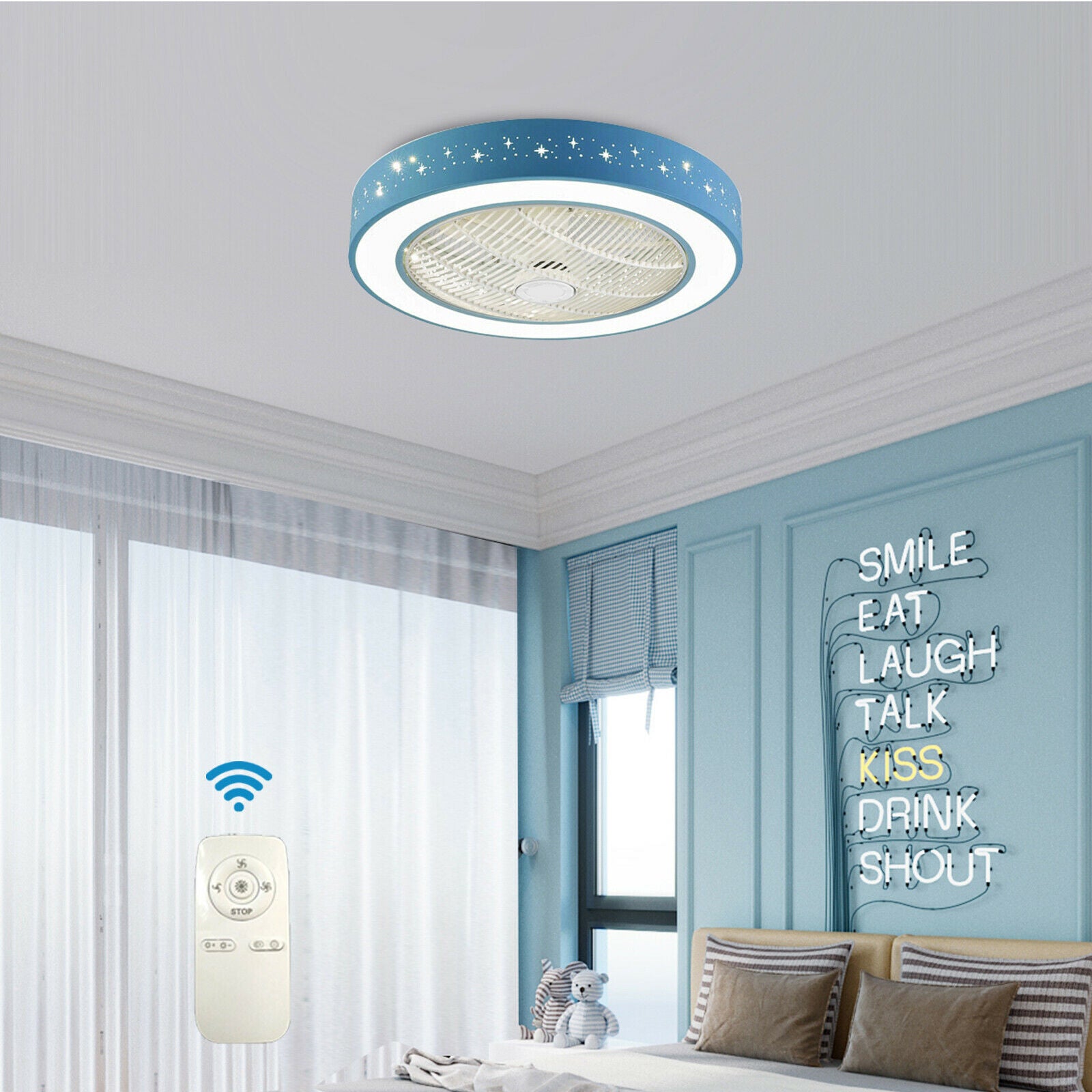 Star Ceiling Fan Light Dimmable LED Chandelier Lamp 3 Speeds +Remote Control For Children’s Room