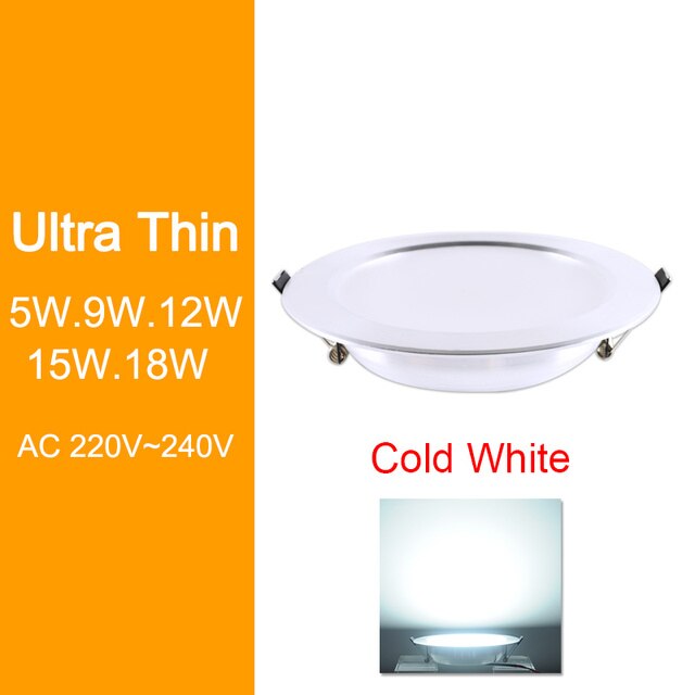 downlight 3W 5W 9W 12W 15W 18W led downlight Silver White Ultra Thin Aluminum AC110V 220V 240V Round Recessed LED Spot Lighting