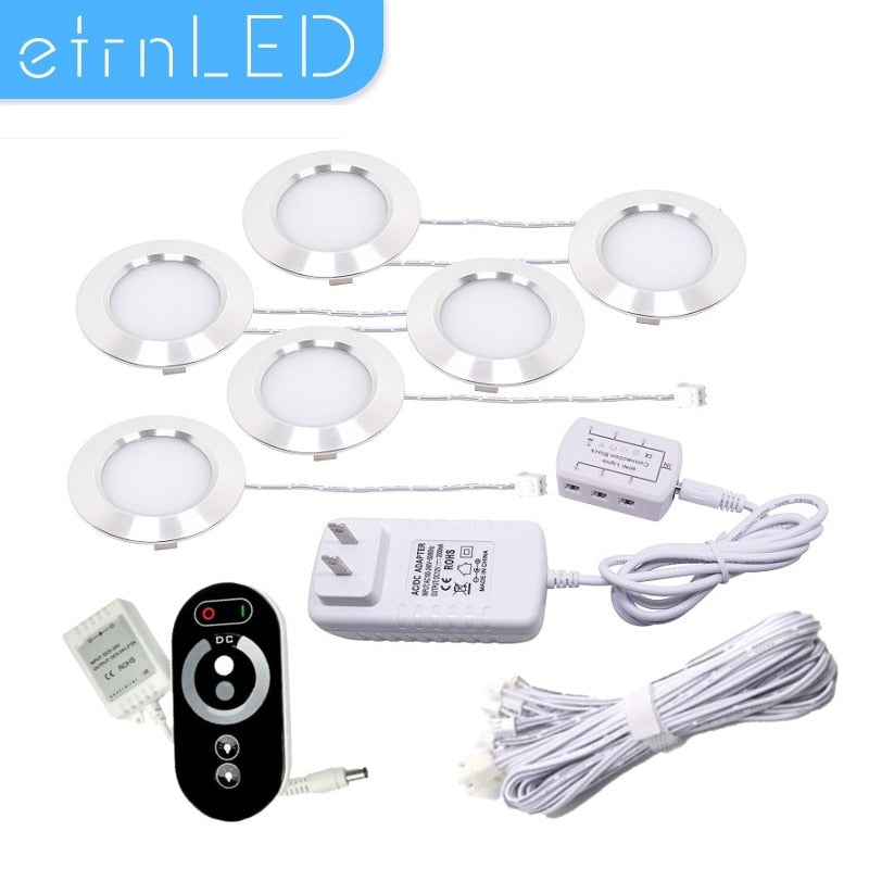 etrnLED 12V Mini LED Spot Downlight Dimmable Lamp Set Remote Controller Ceiling Recessed 3W White Silver Cabinet Light with Plug