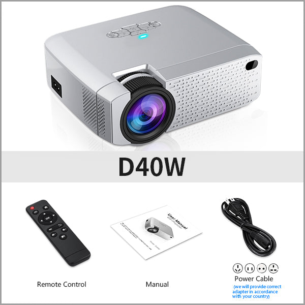 LED Mini Projector D40W,Video Beamer for Home Cinema.1600 Lumens, Support HD, Wireless Sync Display For iPhone/Android Phone